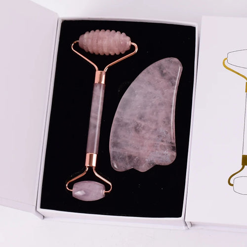 Coffret Rouleau & Gua Sha en Quartz Rose Naturel